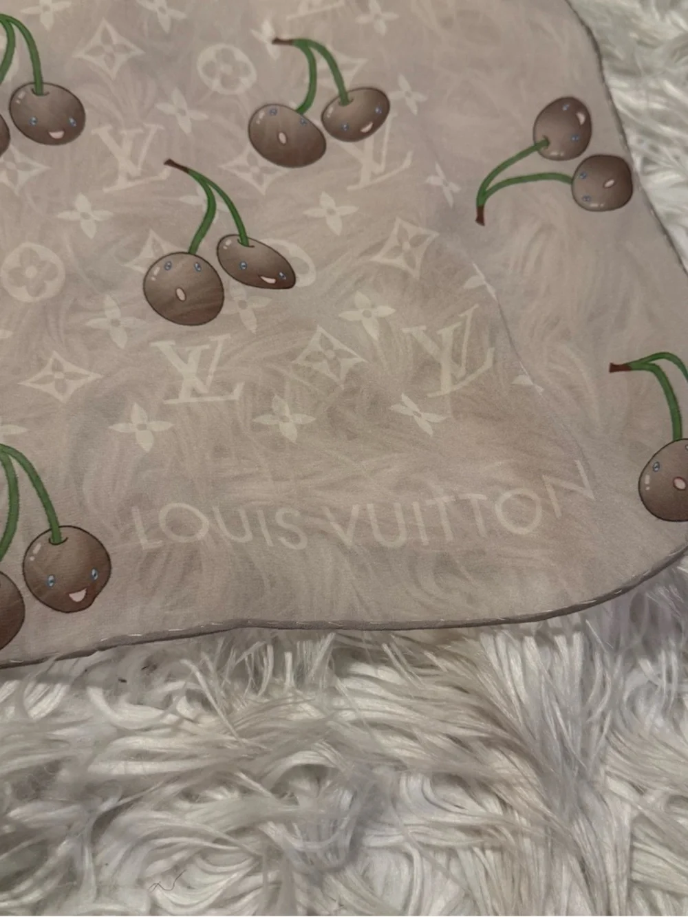 LOUIS VUlTTON 100% silk cherry print monogram scarf 40x40 custom print design